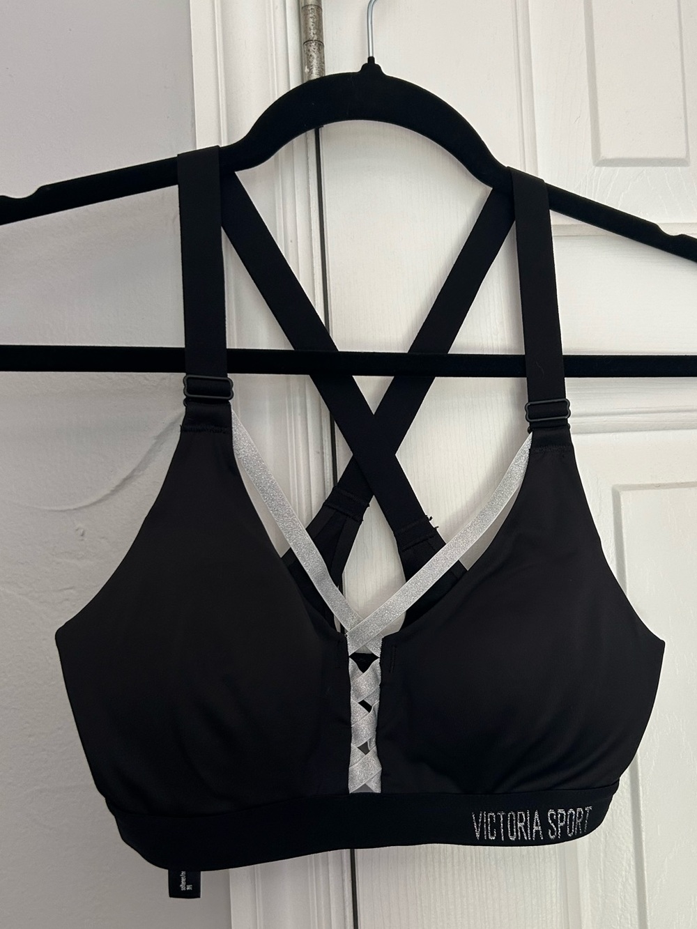 Victoria’s Secret Victoria Sport Black Strappy Sports Bra with Silver Trim